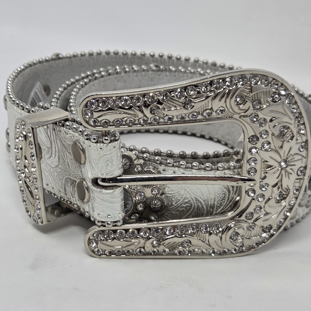 Blazin Roxx Western Silver Metallic Tooled Bling Belt Large Rhinestones Cowgirl